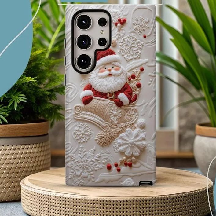 Santa Phone Case - Embroidered effect Santa phone case, Simple Christmas and Winter phone case iPhone 16 15 14 13, Samsung S24 23 22