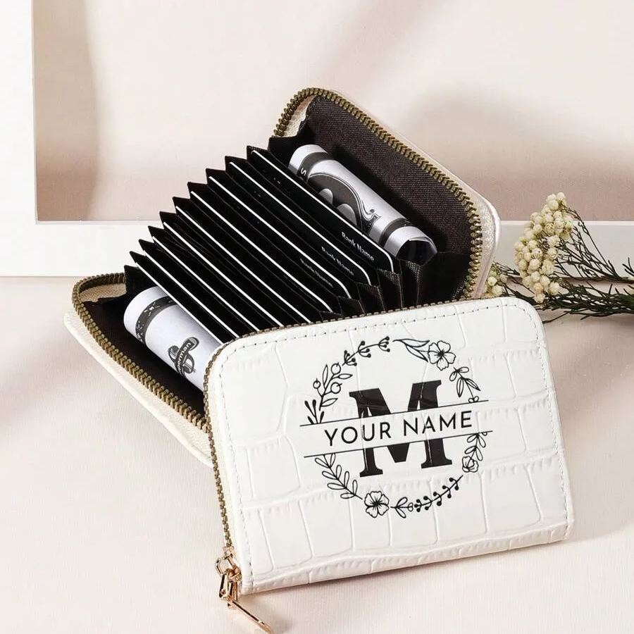 Customized Name/Signature Design Alligator Texture Letter & Floral Fashion Multi-Card Slot Card Holder Wallet, Valentine's Day, Mother's Day, Birthday Gift Purses And Bags Women