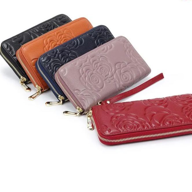 Camellia Genuine Leather Long Zipper Wallet Ladies Soft Leather Handbag Large Capacity Mobile Phone Wallet Handbag
