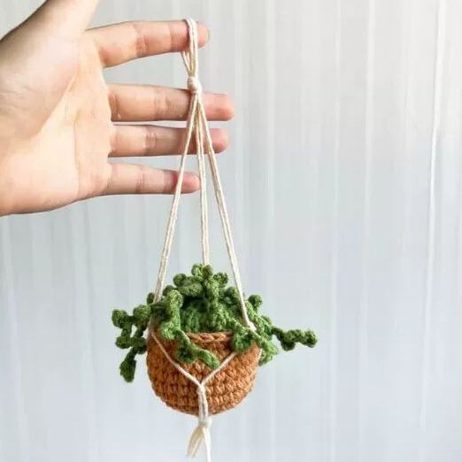 Blooming Car Hanging Basket - Hand Crochet Macrame Rearview Mirror Charm, Boho Floral Car Accessory