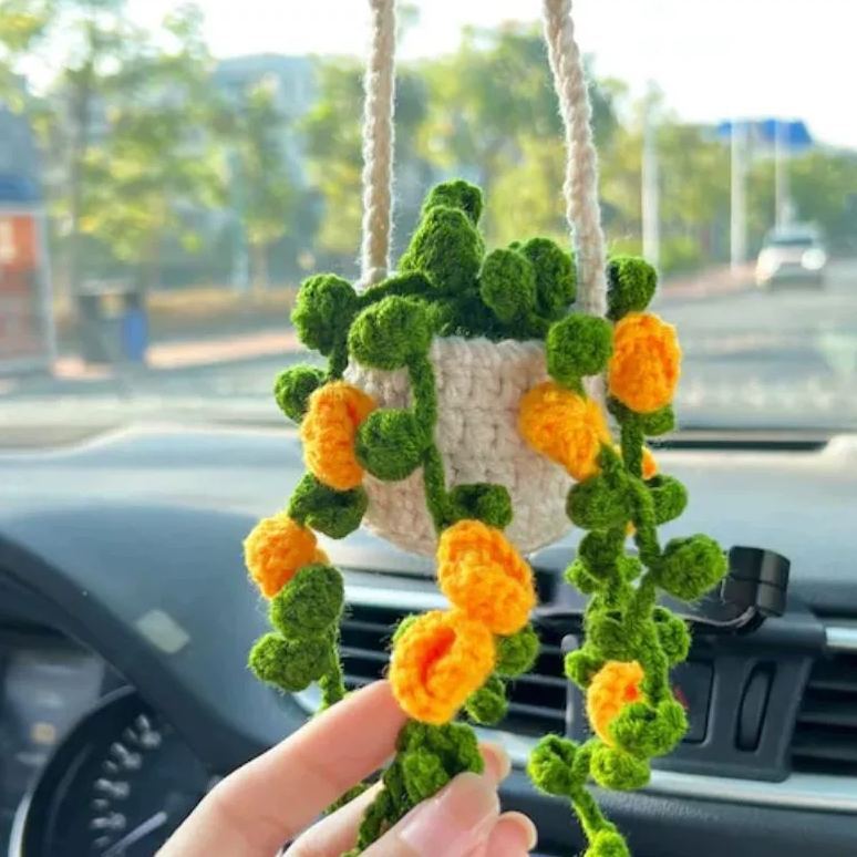 Blooming Car Hanging Basket - Hand Crochet Macrame Rearview Mirror Charm, Boho Floral Car Accessory - 