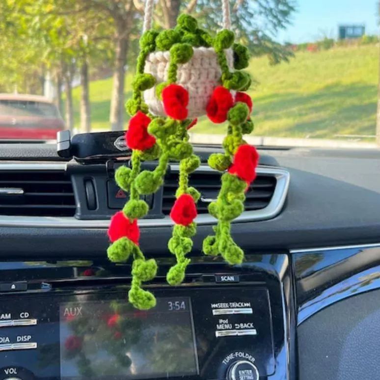 Blooming Car Hanging Basket - Hand Crochet Macrame Rearview Mirror Charm, Boho Floral Car Accessory - 