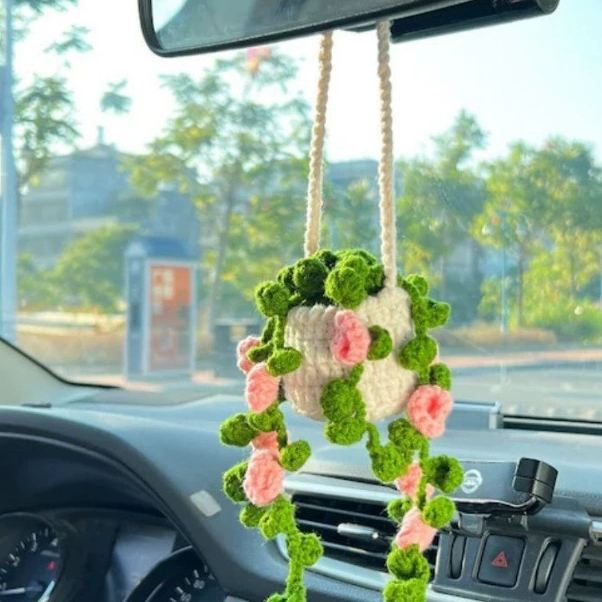 Blooming Car Hanging Basket - Hand Crochet Macrame Rearview Mirror Charm, Boho Floral Car Accessory - 