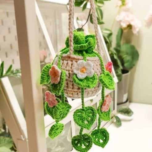 Blooming Car Hanging Basket - Hand Crochet Macrame Rearview Mirror Charm, Boho Floral Car Accessory - 
