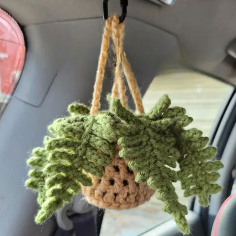 Blooming Car Hanging Basket - Hand Crochet Macrame Rearview Mirror Charm, Boho Floral Car Accessory - 