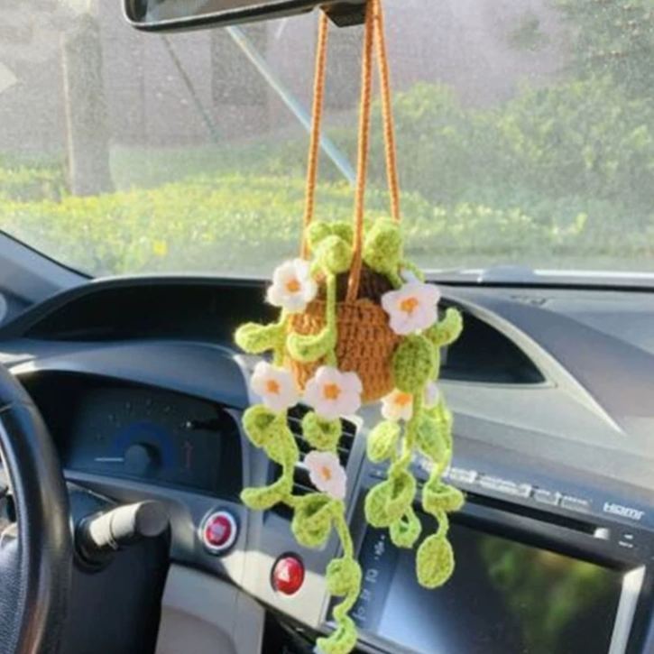 Blooming Car Hanging Basket - Hand Crochet Macrame Rearview Mirror Charm, Boho Floral Car Accessory - 