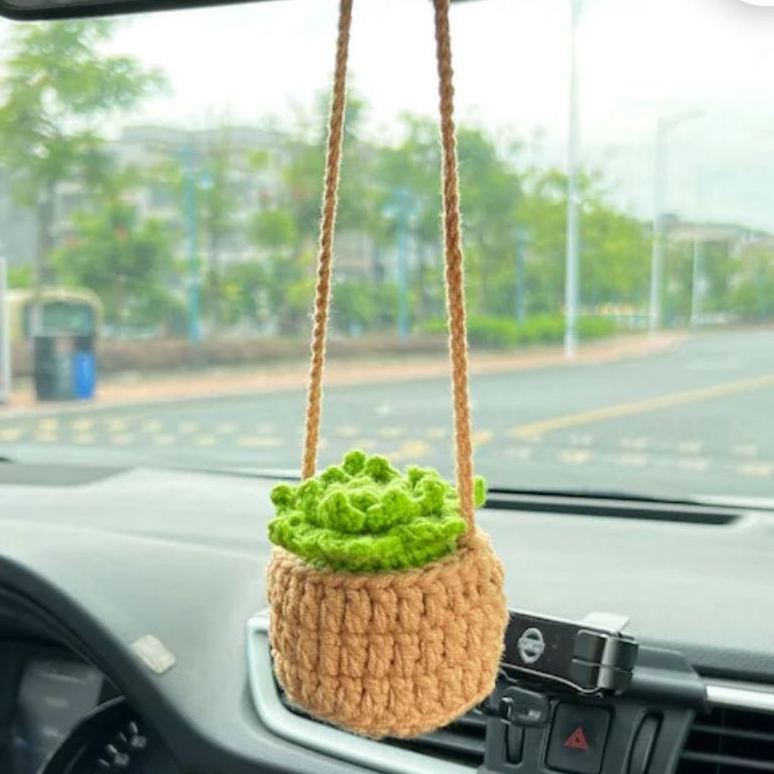 Blooming Car Hanging Basket - Hand Crochet Macrame Rearview Mirror Charm, Boho Floral Car Accessory - 