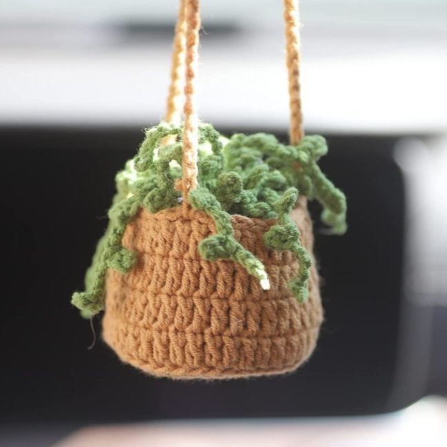 Blooming Car Hanging Basket - Hand Crochet Macrame Rearview Mirror Charm, Boho Floral Car Accessory - 
