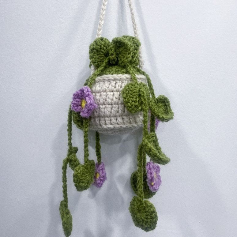 Blooming Car Hanging Basket - Hand Crochet Macrame Rearview Mirror Charm, Boho Floral Car Accessory - 