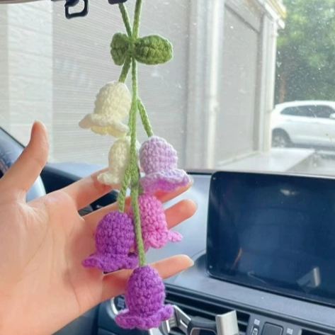 Blooming Car Hanging Basket - Hand Crochet Macrame Rearview Mirror Charm, Boho Floral Car Accessory - 