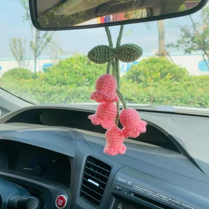 Blooming Car Hanging Basket - Hand Crochet Macrame Rearview Mirror Charm, Boho Floral Car Accessory - 