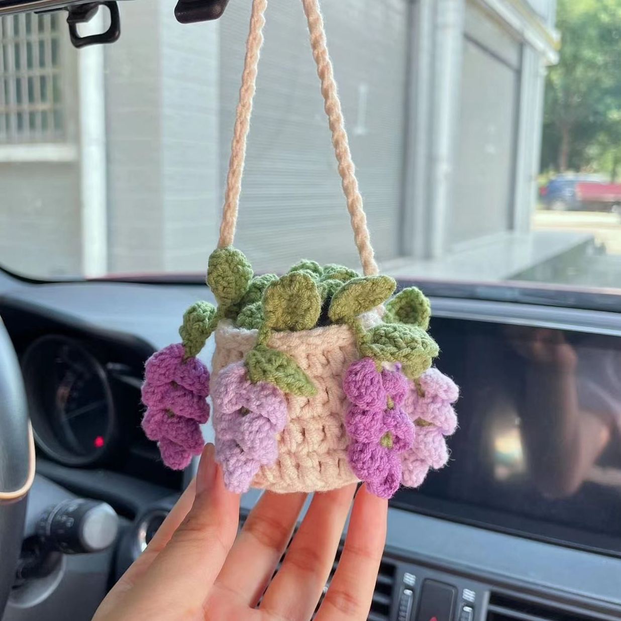 Blooming Car Hanging Basket - Hand Crochet Macrame Rearview Mirror Charm, Boho Floral Car Accessory - 