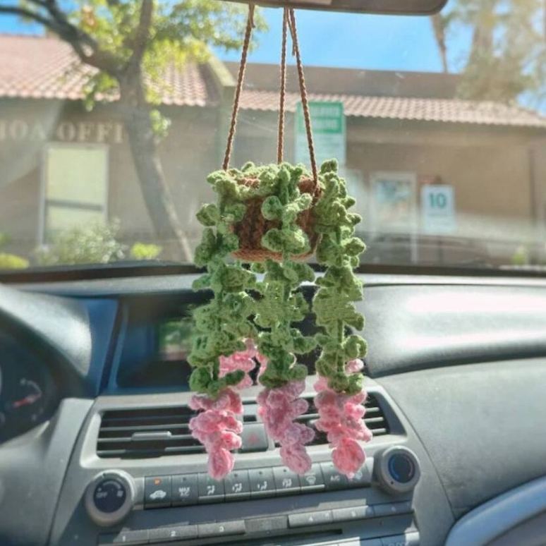 Blooming Car Hanging Basket - Hand Crochet Macrame Rearview Mirror Charm, Boho Floral Car Accessory - 