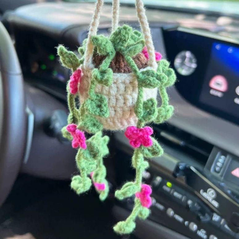 Blooming Car Hanging Basket - Hand Crochet Macrame Rearview Mirror Charm, Boho Floral Car Accessory - 
