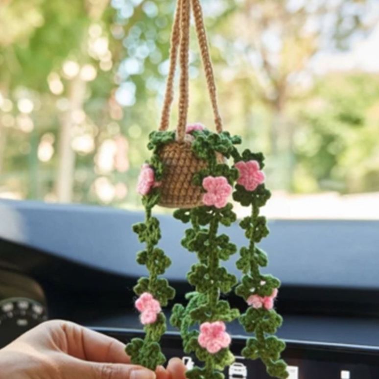 Blooming Car Hanging Basket - Hand Crochet Macrame Rearview Mirror Charm, Boho Floral Car Accessory - 