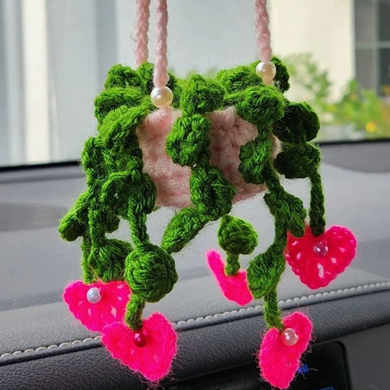 Blooming Car Hanging Basket - Hand Crochet Macrame Rearview Mirror Charm, Boho Floral Car Accessory - 
