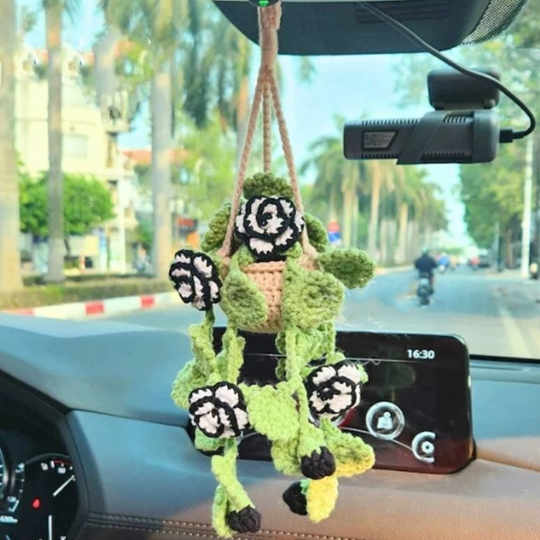Blooming Car Hanging Basket - Hand Crochet Macrame Rearview Mirror Charm, Boho Floral Car Accessory - 