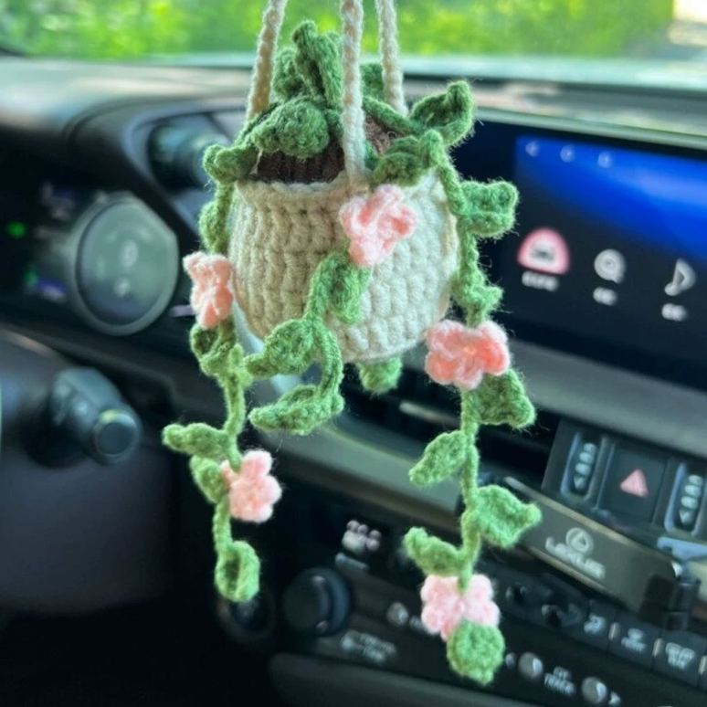 Blooming Car Hanging Basket - Hand Crochet Macrame Rearview Mirror Charm, Boho Floral Car Accessory - 