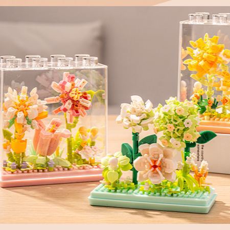 Mini Flower Building Blocks with Clear Display Case | DIY Blooming Décor Gift for Home & Holidays - 