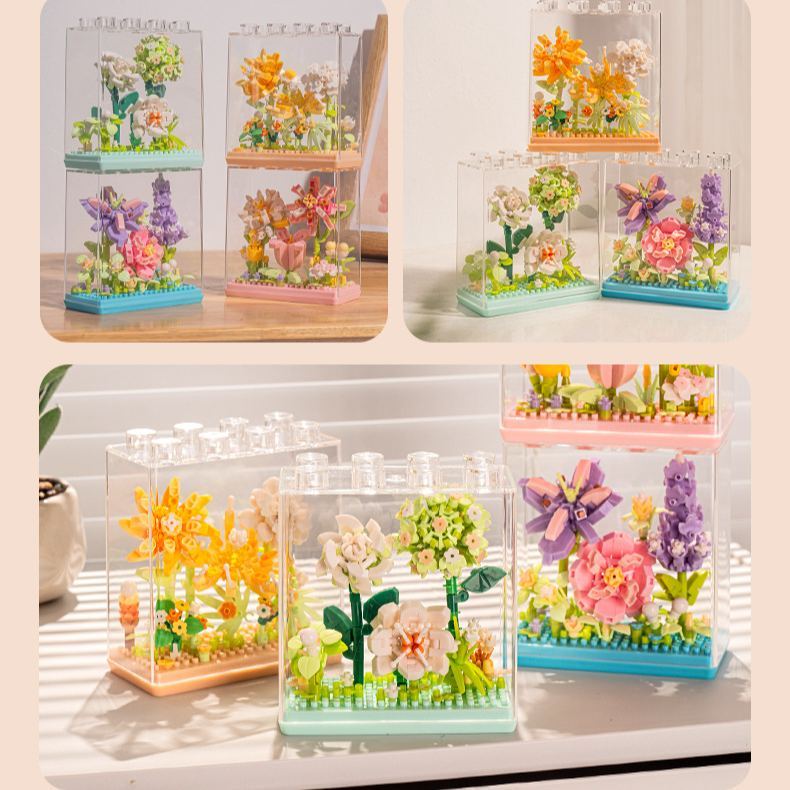 Mini Flower Building Blocks with Clear Display Case | DIY Blooming Décor Gift for Home & Holidays - 