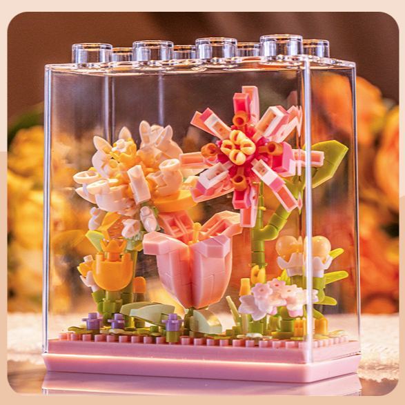 Mini Flower Building Blocks with Clear Display Case | DIY Blooming Décor Gift for Home & Holidays - 