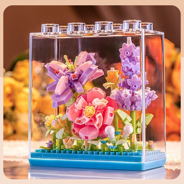 Mini Flower Building Blocks with Clear Display Case | DIY Blooming Décor Gift for Home & Holidays - 