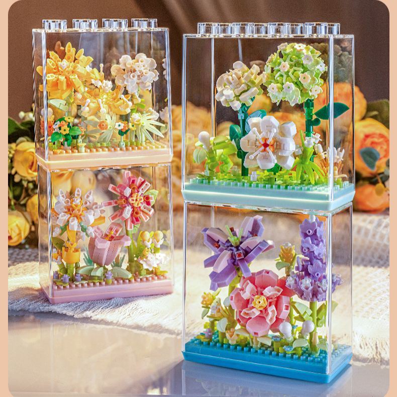 Mini Flower Building Blocks with Clear Display Case | DIY Blooming Décor Gift for Home & Holidays - 