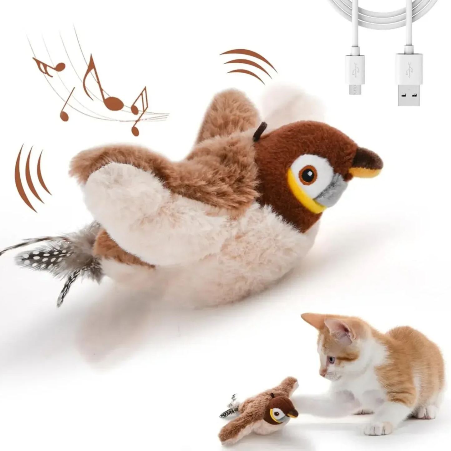 Interactive Cat Toys Rechargeable Flying Bird Cat Toy Chirping Flapping Bird(no Flying) Can Add Catnip Touch Activated Plush Toy