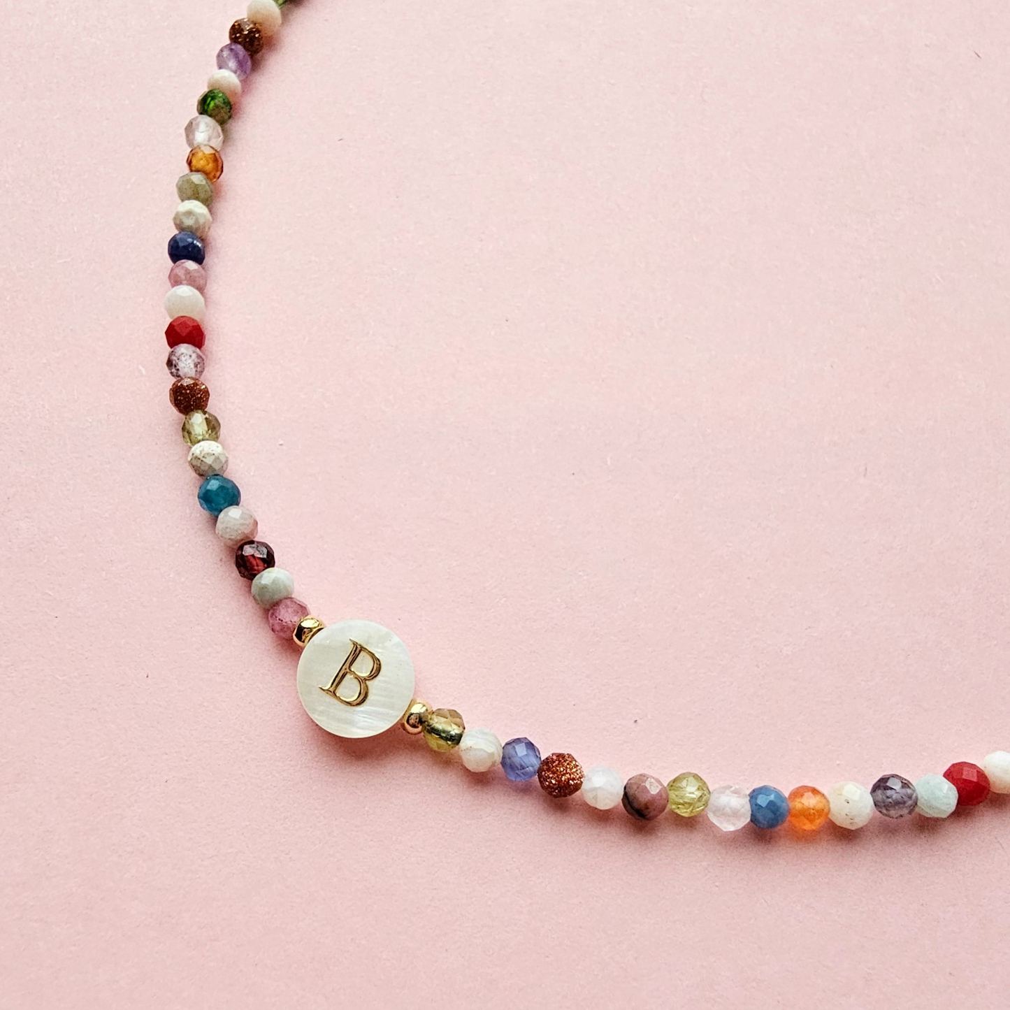 Personalized Initial Necklace: Tiny Mixed Gemstone, Mother-of-Pearl Bead