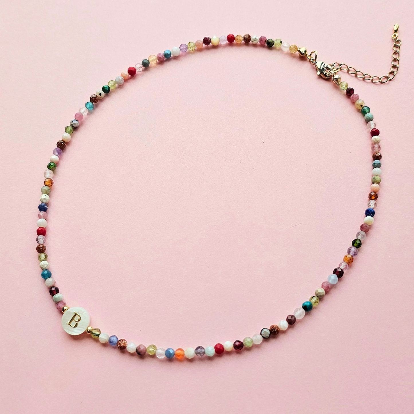 Personalized Initial Necklace: Tiny Mixed Gemstone, Mother-of-Pearl Bead