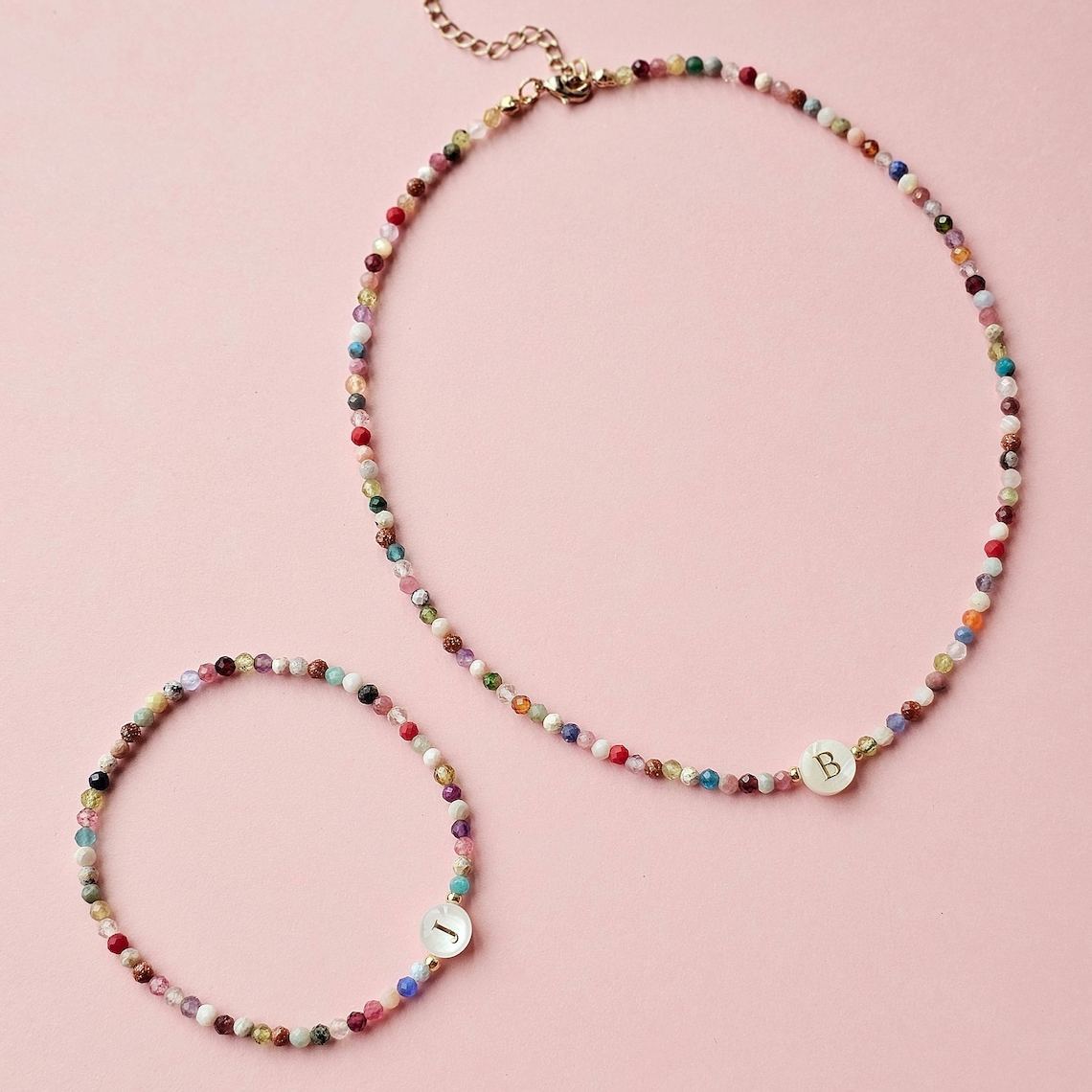 Personalized Initial Necklace: Tiny Mixed Gemstone, Mother-of-Pearl Bead