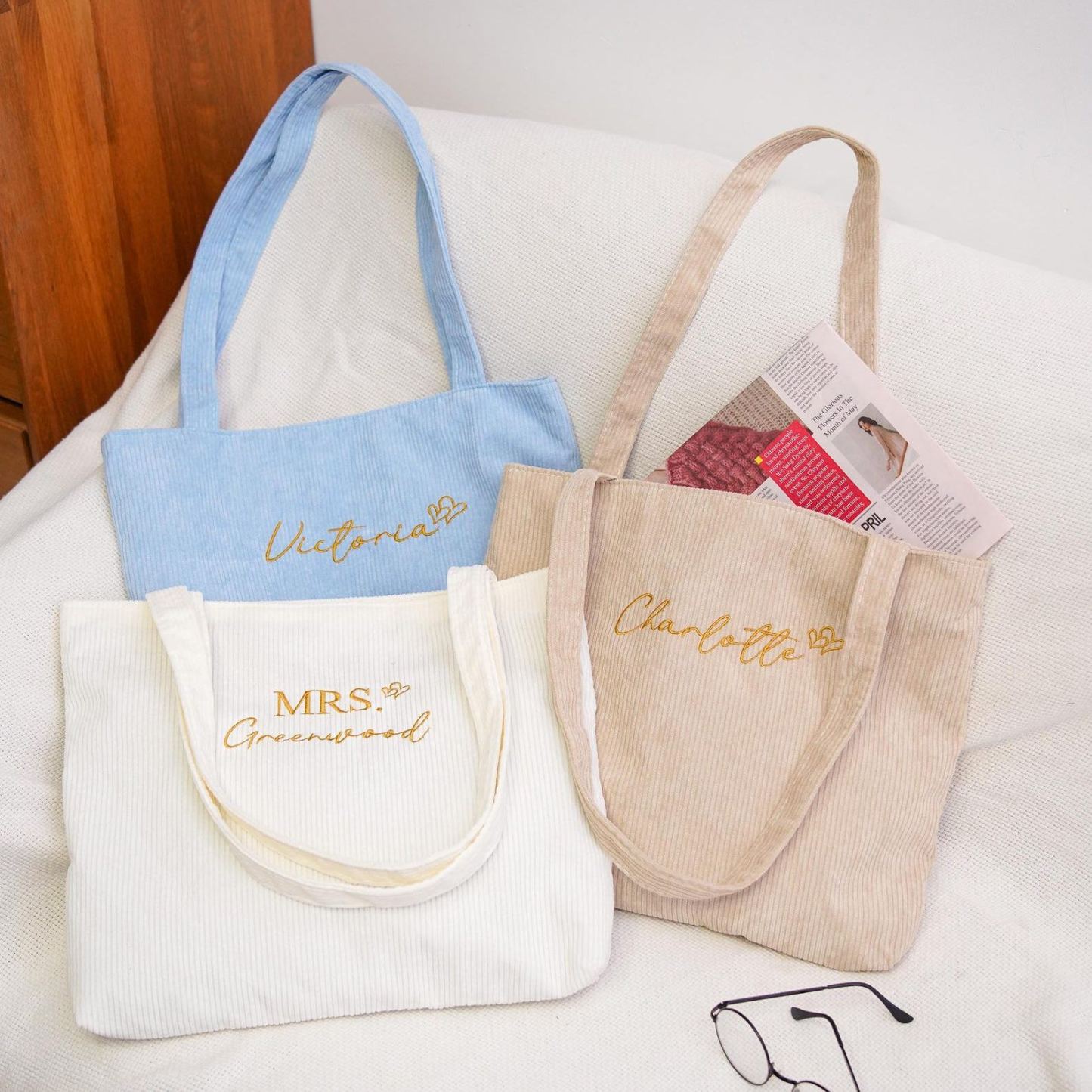 Personalized Pet Photo Tote Bag, Custom Embroidered Corduroy Shoulder Bag, Dog & Cat Portrait Purse, Gift for Her, Him, or Pet Lovers