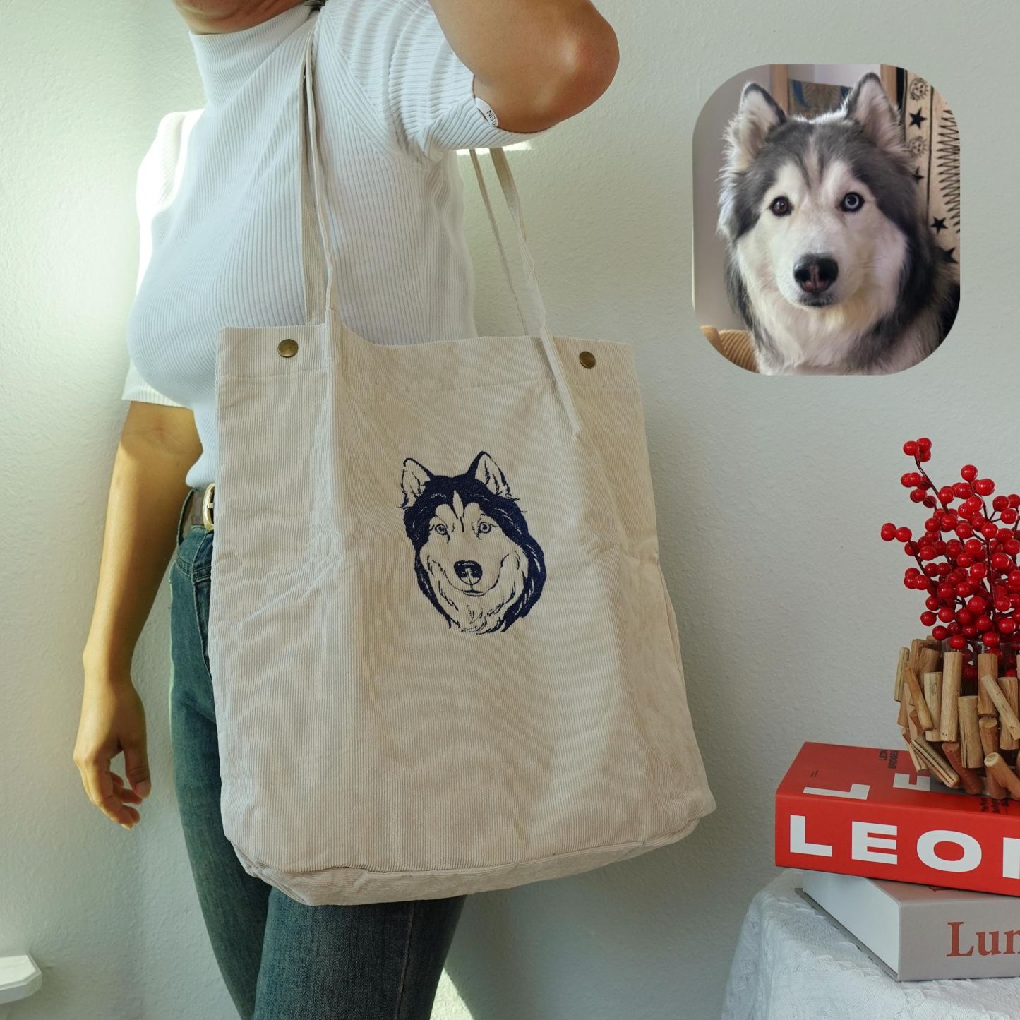 Personalized Pet Photo Tote Bag, Custom Embroidered Corduroy Shoulder Bag, Dog & Cat Portrait Purse, Gift for Her, Him, or Pet Lovers