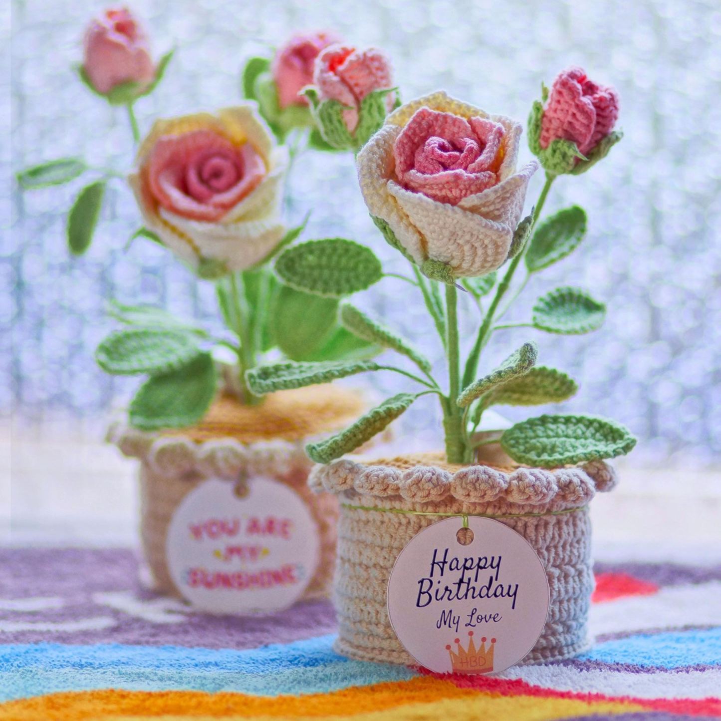 Crochet Rose Night Light Potted Plant Handmade Yarn Flower Gift for Home Decor - 