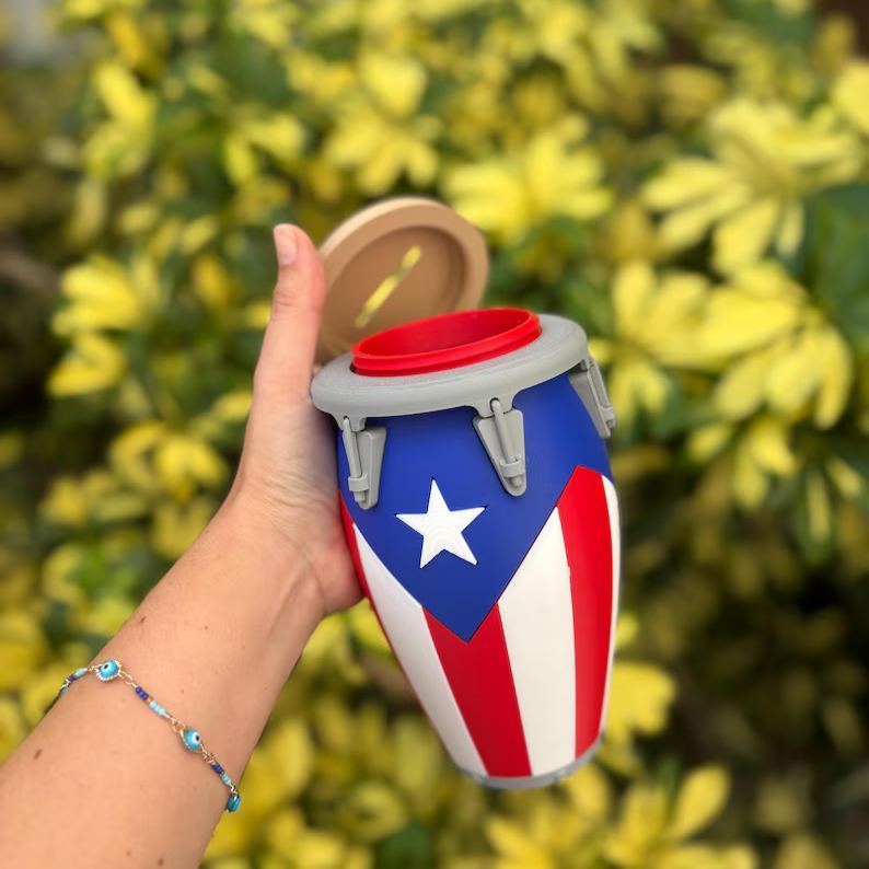 3D Printed Conga Drum Piggy Bank Coin Bank Can Cooler, Cuba Flag Decor, Music Lover Gift - 