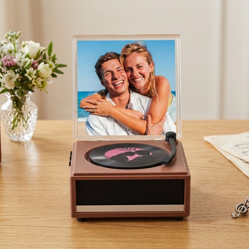 Personalized Mini Vinyl Music Player That Really Plays Music | Each Vinyl Can Play a Different Full Song, Custom Photo Album Cover & Music Box Cover, Anniversary Gift for Couples - 