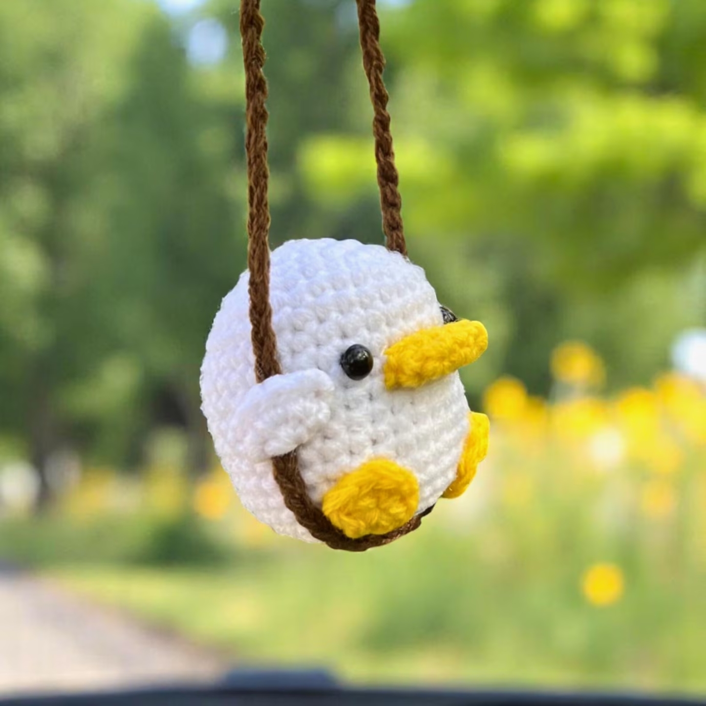 Adorable Crochet Frog on a Swing - Whimsical Handmade Car Hanging Charm, Cute Baby Duck Crochet - 