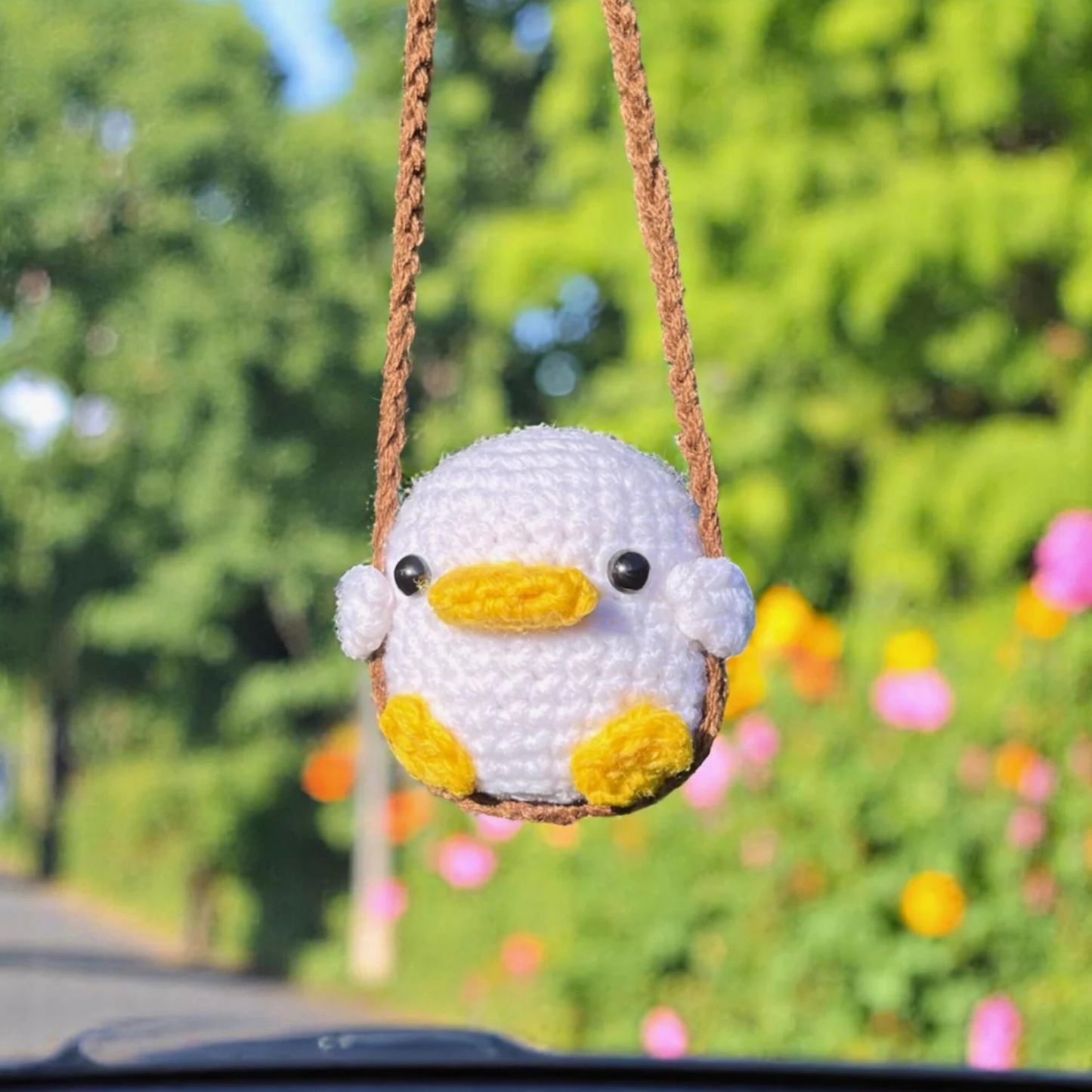 Adorable Crochet Frog on a Swing - Whimsical Handmade Car Hanging Charm, Cute Baby Duck Crochet - 