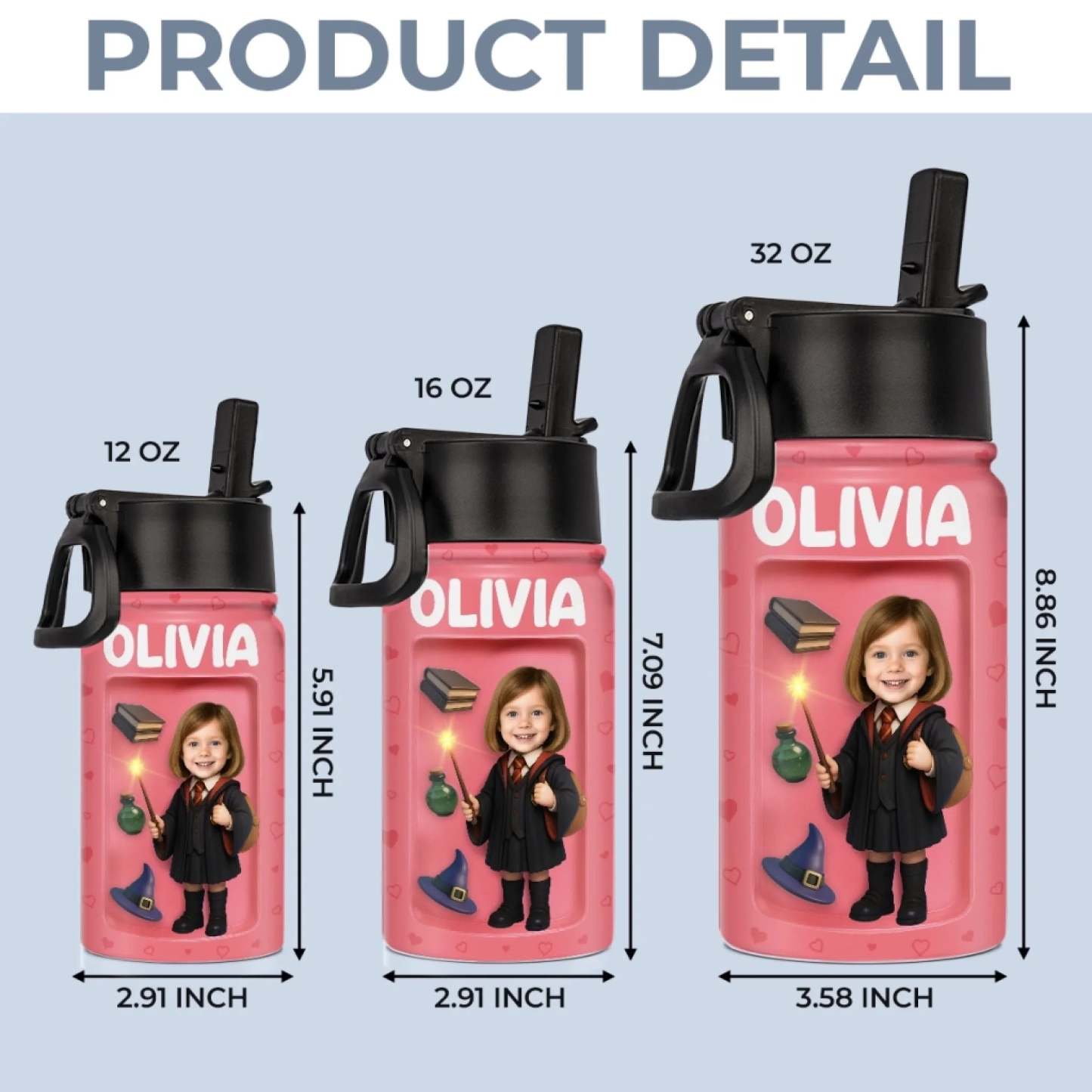 Custom Photo 3D Inflated Effect Printed Kids Water Bottle - Personalized Back To School Gifts For Kids - Ready To Cast Some Spells