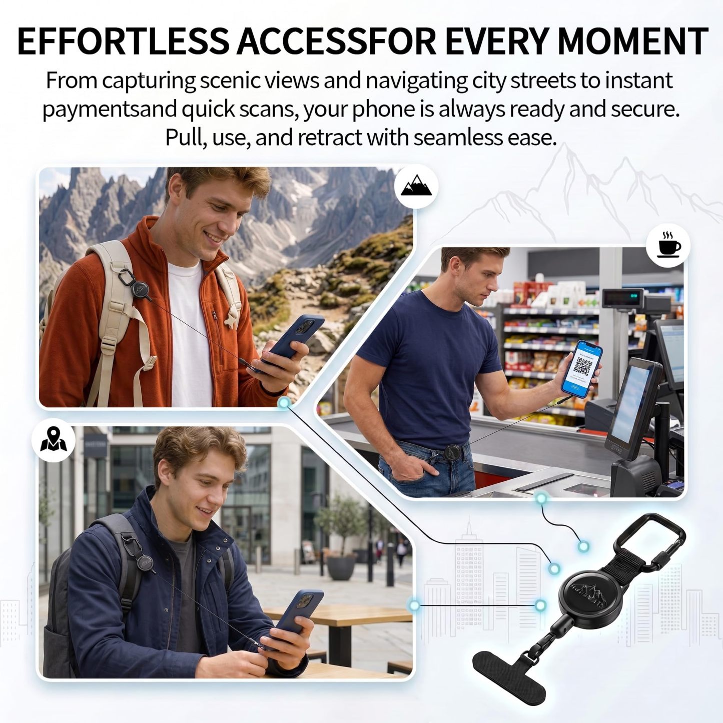 Retractable Phone Tether For Iphone & Smartphones | Anti-Drop Safety Lanyard, Locking Clip & 360° Swivel, Secure Holder For Skiing, Hiking, Cycling, Travel
