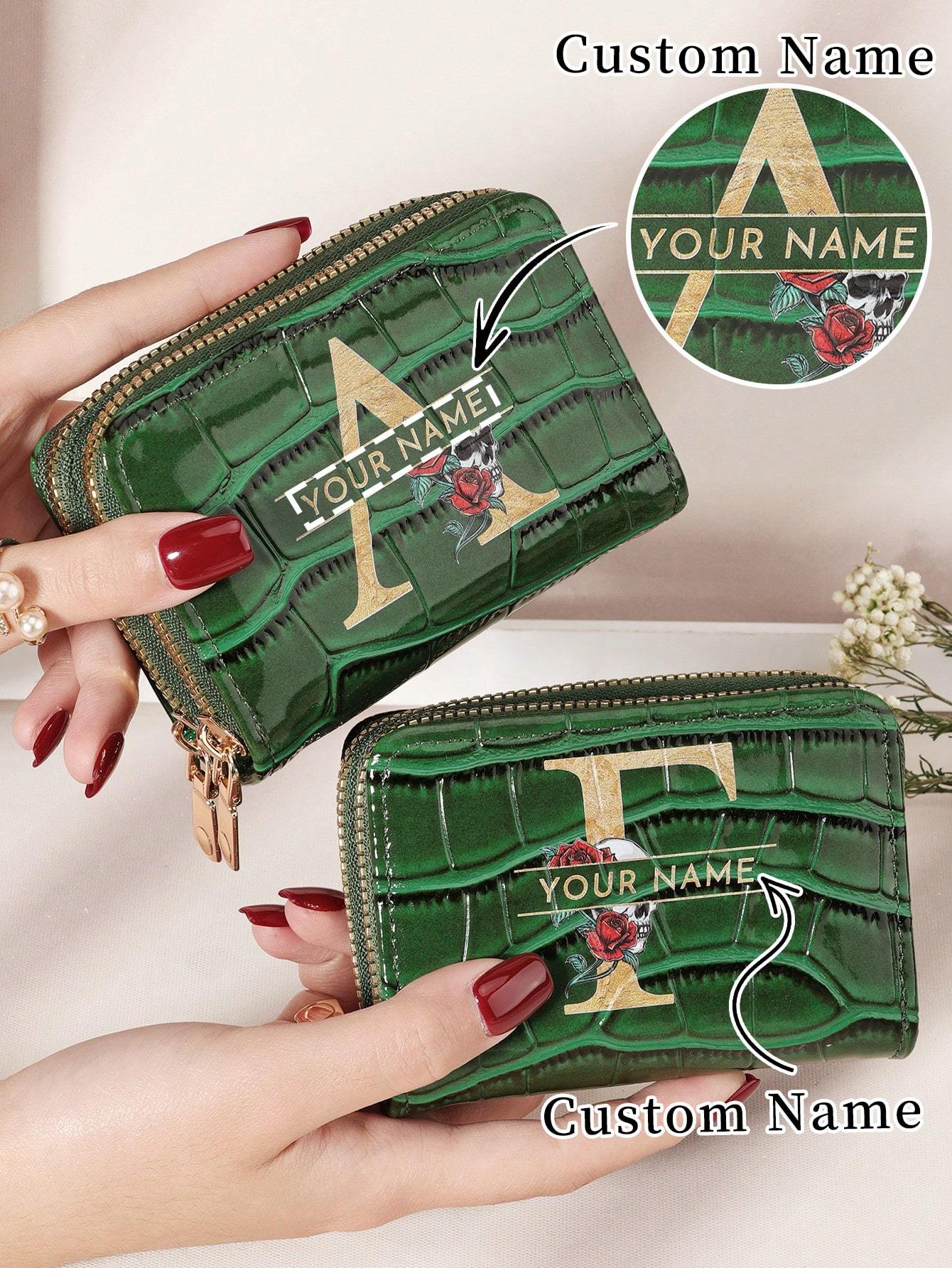 Customized Exclusive Signature Exquisite Wallet, Personalized Signature Design Wallet, Customized Exclusive Crocodile Pattern Letter Flower Fashionable Multi Slot Large Capacity Double Zipper Card Bag
