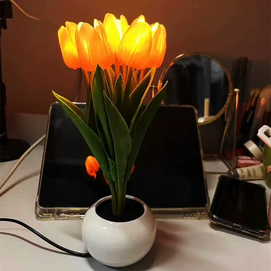 Contemporary Creative Tulip Flower Ceramic PU USB LED Table Lamp For Bedroom