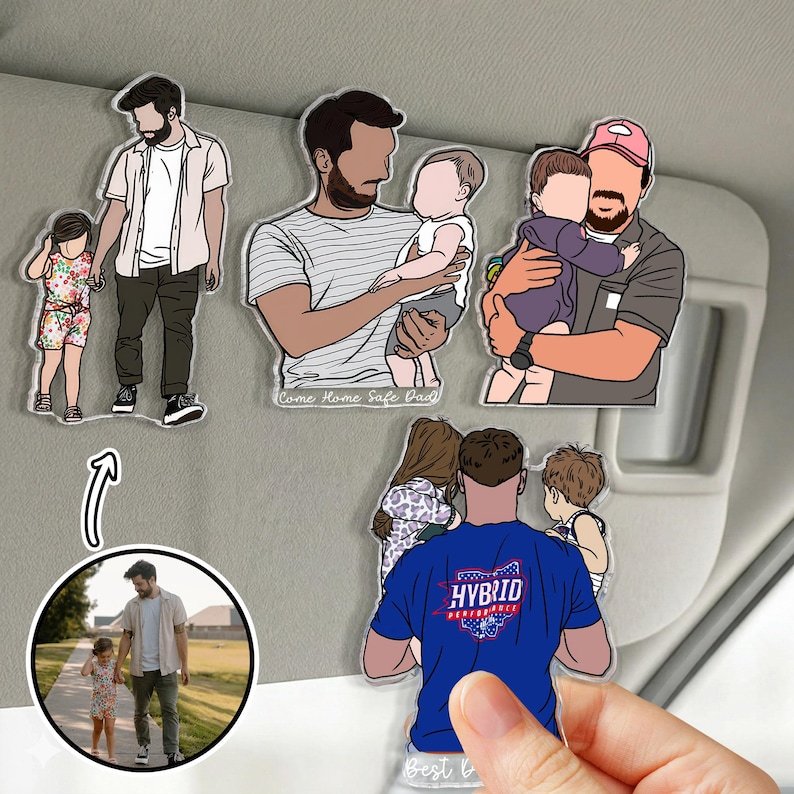 Personalized Dad Photo Car Visor Clip Custom Portrait From Photo Faceless Portrait Car Visor Clip Husband New Dad Gift