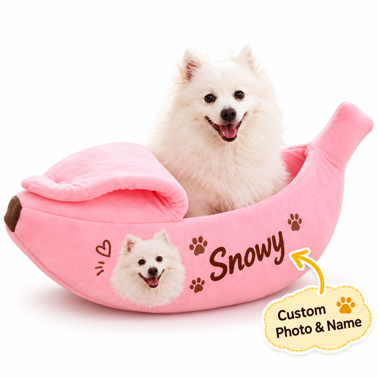 Custom Pet Photo & Name Banana Cat Bed, Personalized Cozy Soft Plush Covered Cave Bed for Cats & Dogs - 