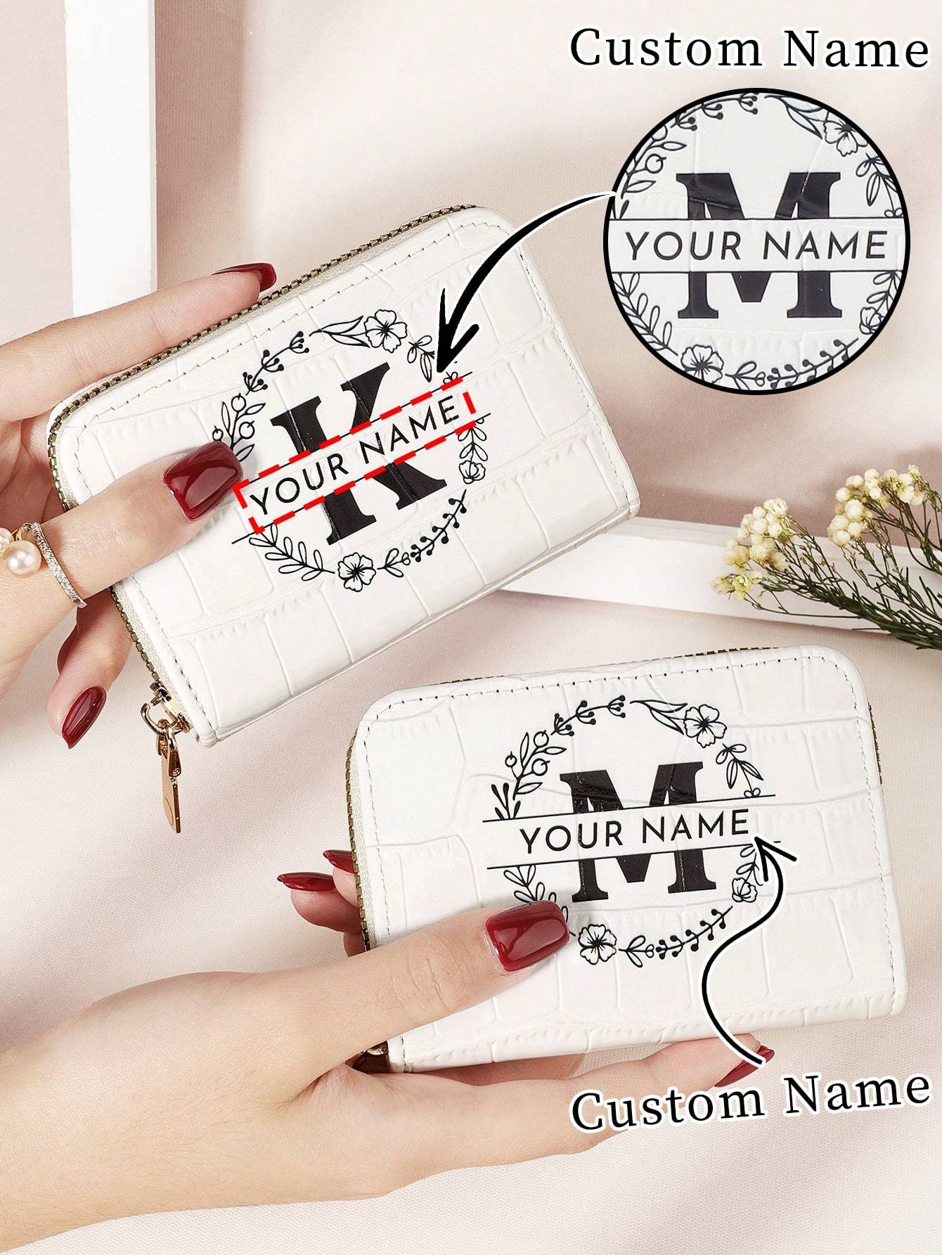 Customized Name/Signature Design Alligator Texture Letter & Floral Fashion Multi-Card Slot Card Holder Wallet, Valentine's Day, Mother's Day, Birthday Gift Purses And Bags Women