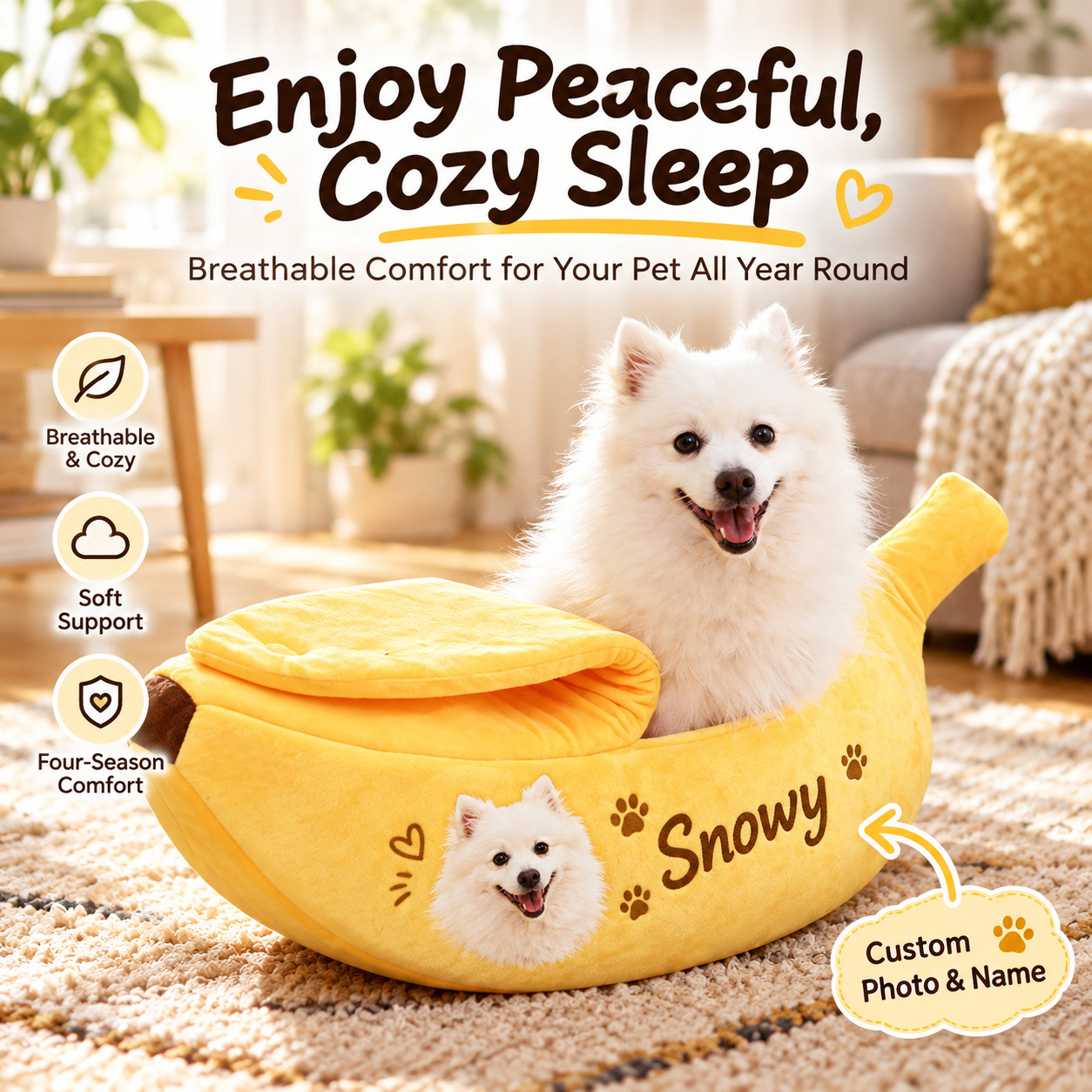 Custom Pet Photo & Name Banana Cat Bed, Personalized Cozy Soft Plush Covered Cave Bed for Cats & Dogs - 