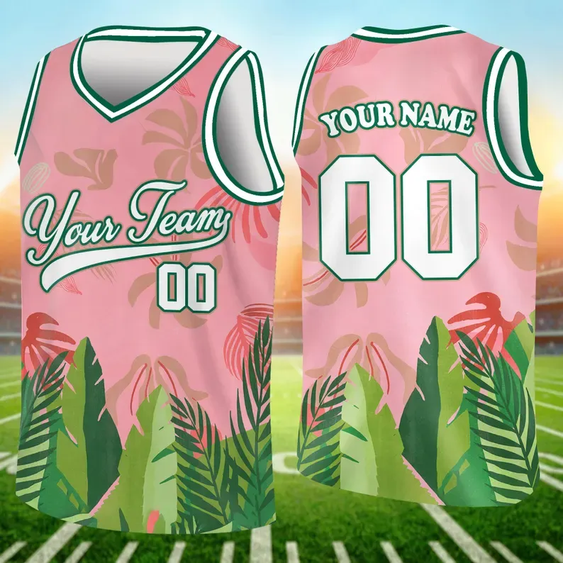 Custom 3D Pattern Tropical V Shape Hawaii Leaves Basketball Jersey With Name & Number - 