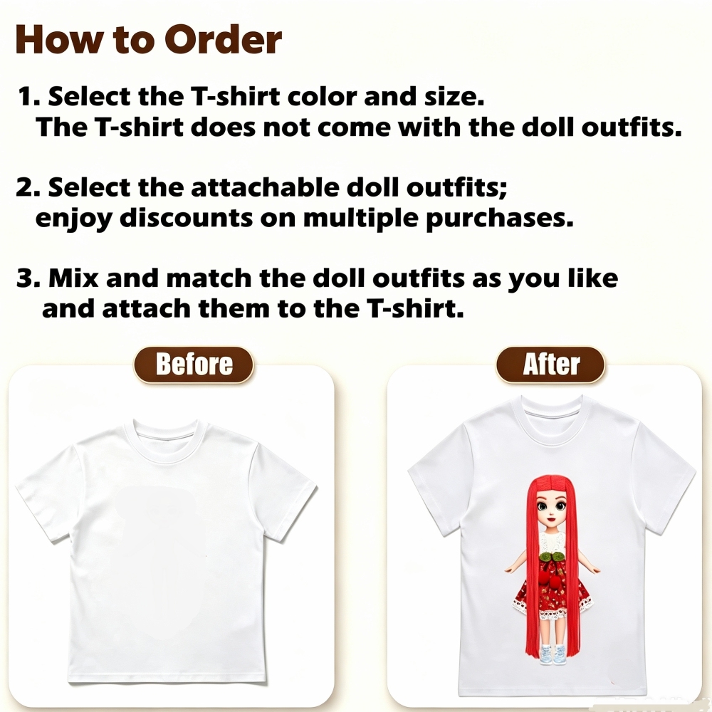 Pastable Dress-Up Doll T-Shirt for Girls  – Pick 1 Set of Interchangeable Hairstyles, Outfits, and Shoes