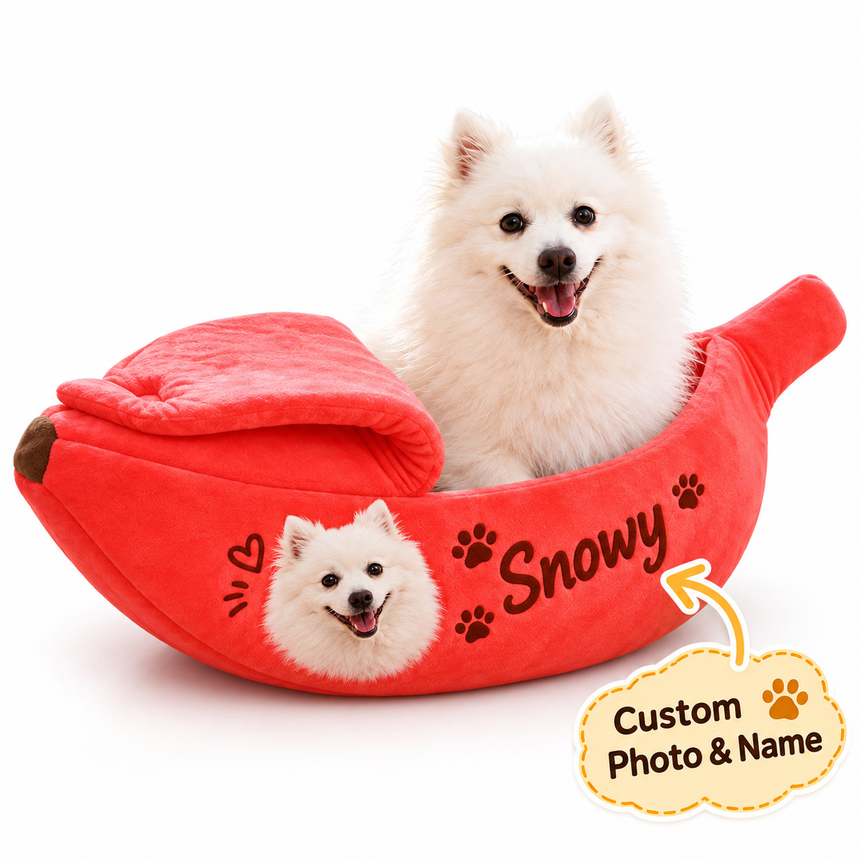 Custom Pet Photo & Name Banana Cat Bed, Personalized Cozy Soft Plush Covered Cave Bed for Cats & Dogs - 