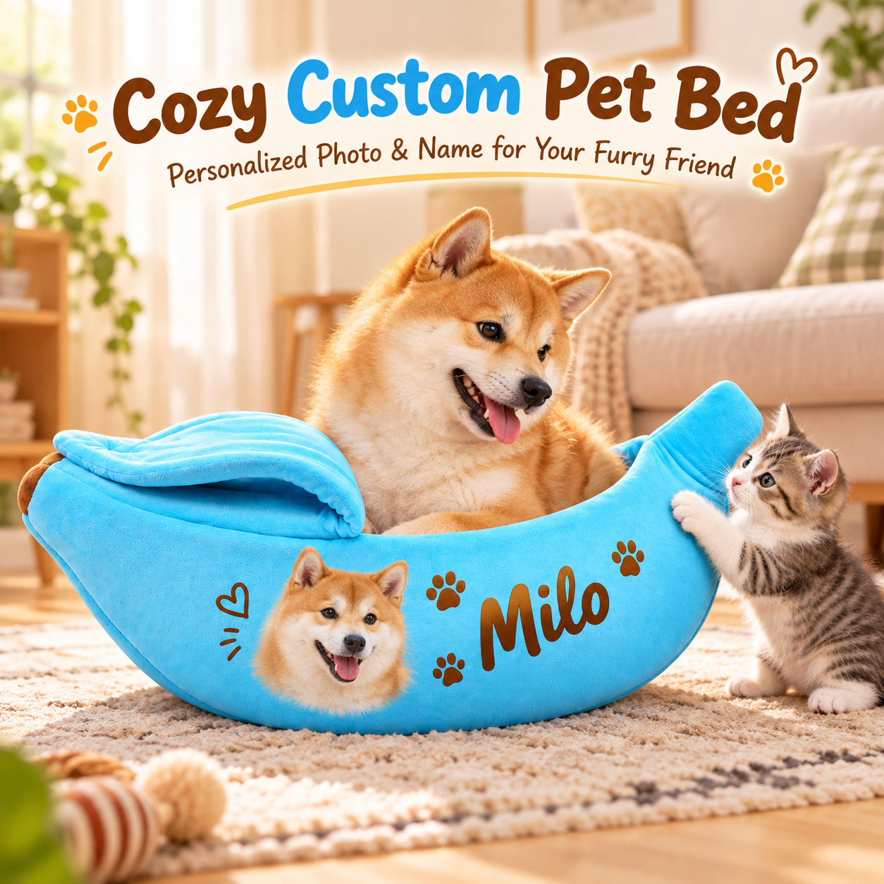 Custom Pet Photo & Name Banana Cat Bed, Personalized Cozy Soft Plush Covered Cave Bed for Cats & Dogs - 